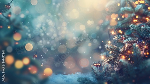 Christmas winter blurred background. Xmas tree with snow decorated with garland lights  holiday festive background. Widescreen backdrop. New year Winter art design  wide screen holiday border
