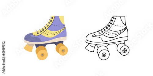 Classic y2k, 90s and 2000s aesthetic. Flat outline style retro quad roller skates, vintage element. Hand-drawn vector illustration. Patch, sticker, badge, emblem.