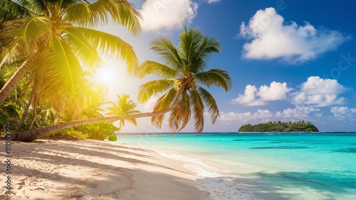 Summer Beach background  A stunning beach photo set during a hot summer day. The sun casts a warm golden glow  and palm leaves sway gently in the breeze