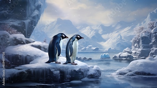 Scene of a Pair of Affectionate Penguins Waddling Along the Icy Shoreline photo