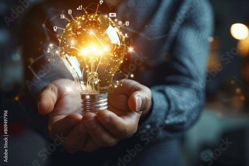 Businessman holding creative light bulb with growth graph and banking icon. Financial innovation technology develops new products and services that enhance success and profit , AI generated