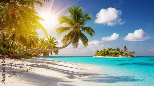 Summer Beach background  A stunning beach photo set during a hot summer day. The sun casts a warm golden glow  and palm leaves sway gently in the breeze