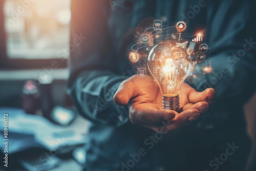 Businessman holding creative light bulb with growth graph and banking icon. Financial innovation technology develops new products and services that enhance success and profit , AI generated photo