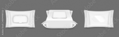 Wet wipe package with plastic flap mockup. Realistic 3d vector set of front and side view on white blank closed hygiene tissue pack. Template of bag or container for hygiene antibacterial napkin.