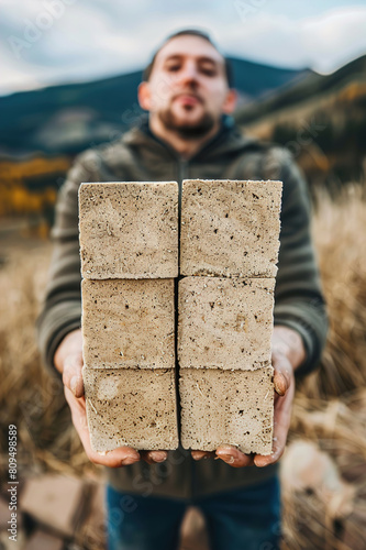 A man carries a bundle of hempcrete blocks for eco-building projects, promoting sustainable materials. photo