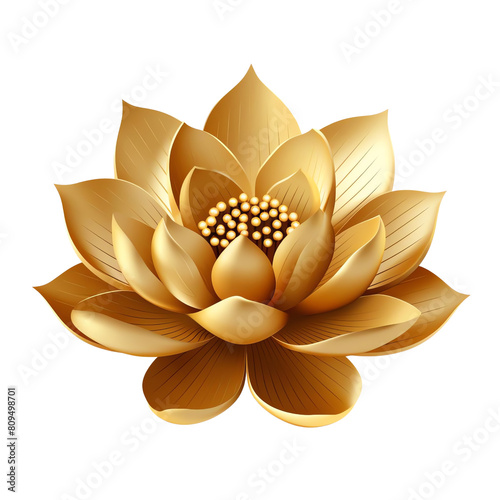 The image is a golden lotus flower. The petals are delicate and lifelike. The image has a soft ,png transparent white background