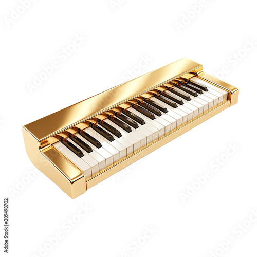 The image shows a gold piano with black and white keys png transparent white background