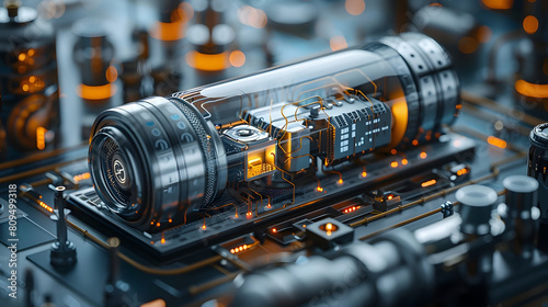 Highly Advanced Redox Flow Battery System with Integrated Nanowire Innovations and Supercapacitors,Showcasing Intricate Technical Schematics and photo