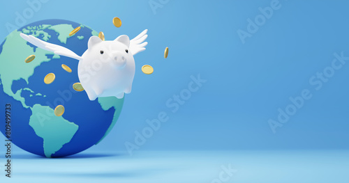 Savings money concept design of piggy bank with wings flying and gold coins with global on blue background 3D render © ArtBackground