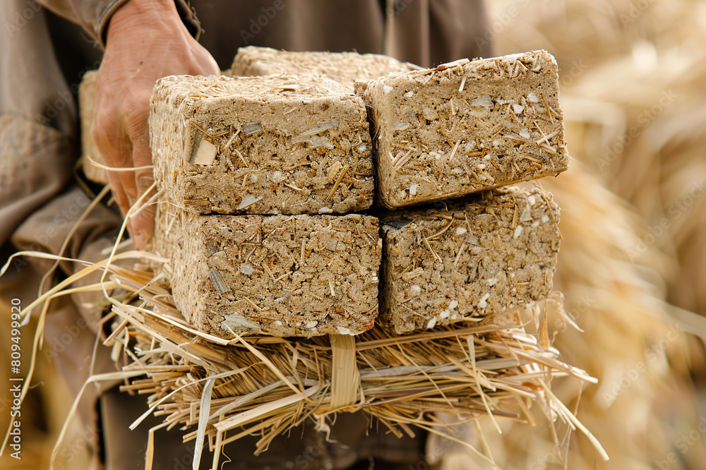 A man carries a bundle of hempcrete blocks for eco-building projects, promoting sustainable materials. A man carries a bundle of hempcrete blocks for eco-building projects, promoting sustainable materials.