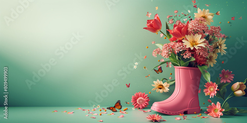 Spring flowers overflow pink  boot, butterflies & bees add life. 3D render/illustration. 