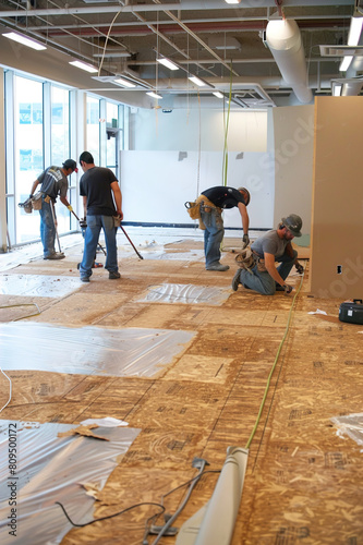 Workers lay sustainable cork flooring in a renovated space, advocating for eco-conscious design.
