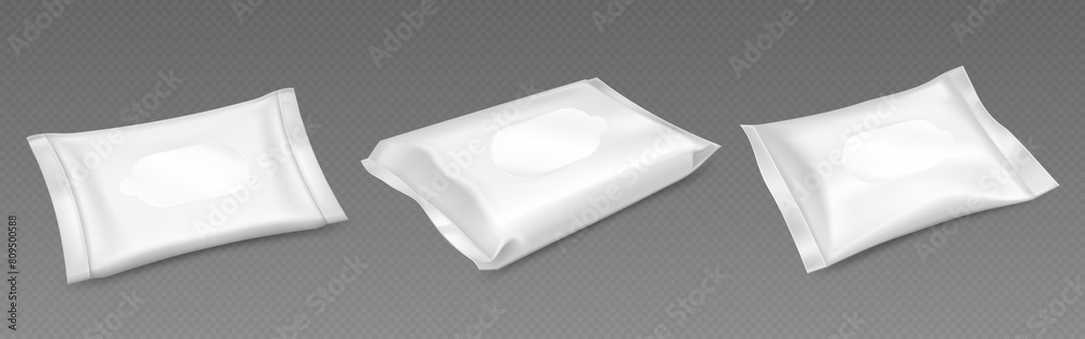 White wet wipe pack mock up. Blank pouch mockup template. 3d plastic container bag for baby or cosmetic tissue. Isolated facial hygiene and antibacterial paper napkin presentation for advertising. White wet wipe pack mock up. Blank pouch mockup template. 3d plastic container bag for baby or cosmetic tissue. Isolated facial hygiene and antibacterial paper napkin presentation for advertising.