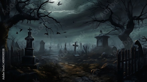Scene of an Eerie Fog-Blanketed Cemetery, Where Shadows Dance Amongst the Tombstones
