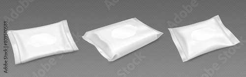 White wet wipe pack mock up. Blank pouch mockup template. 3d plastic container bag for baby or cosmetic tissue. Isolated facial hygiene and antibacterial paper napkin presentation for advertising.
