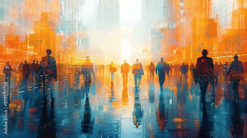 Abstract urban dreamscape with silhouetted figures