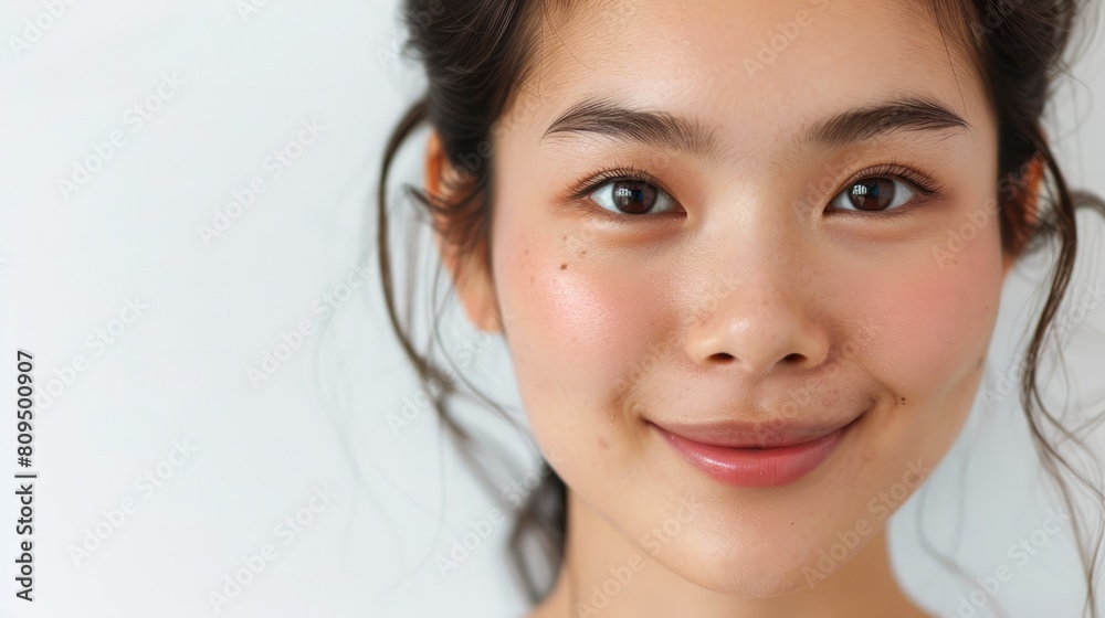 Smiling asian woman looking at camera, close up portrait on white background. Healthy face skin care beauty. hyper realistic Smiling asian woman looking at camera, close up portrait on white background. Healthy face skin care beauty. hyper realistic