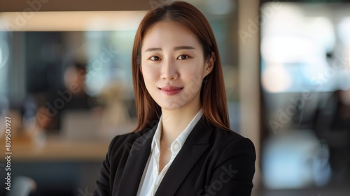 Smiling elegant confident young professional Korean business woman   female proud leader  smart asian businesswoman lawyer or company manager executive looking at camera standing in office