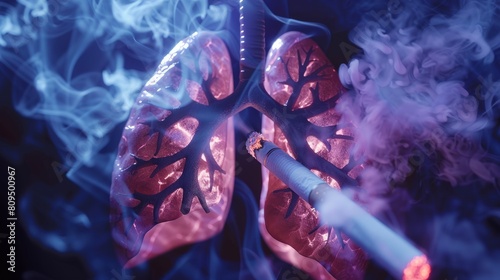 Smoking effect on the human lungs concept with cigarette inserting smoke inside the lungs hyper realistic 