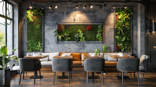 Stylish cafe interior with chairs and table  dining area with sofa. Mockup frame hyper realistic 