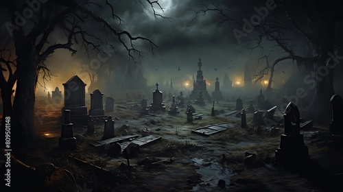 Scene of an Eerie Fog-Covered Cemetery Shrouded in Mystique

 photo