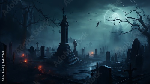 Scene of an Eerie Fog-Covered Cemetery Shrouded in Mystique