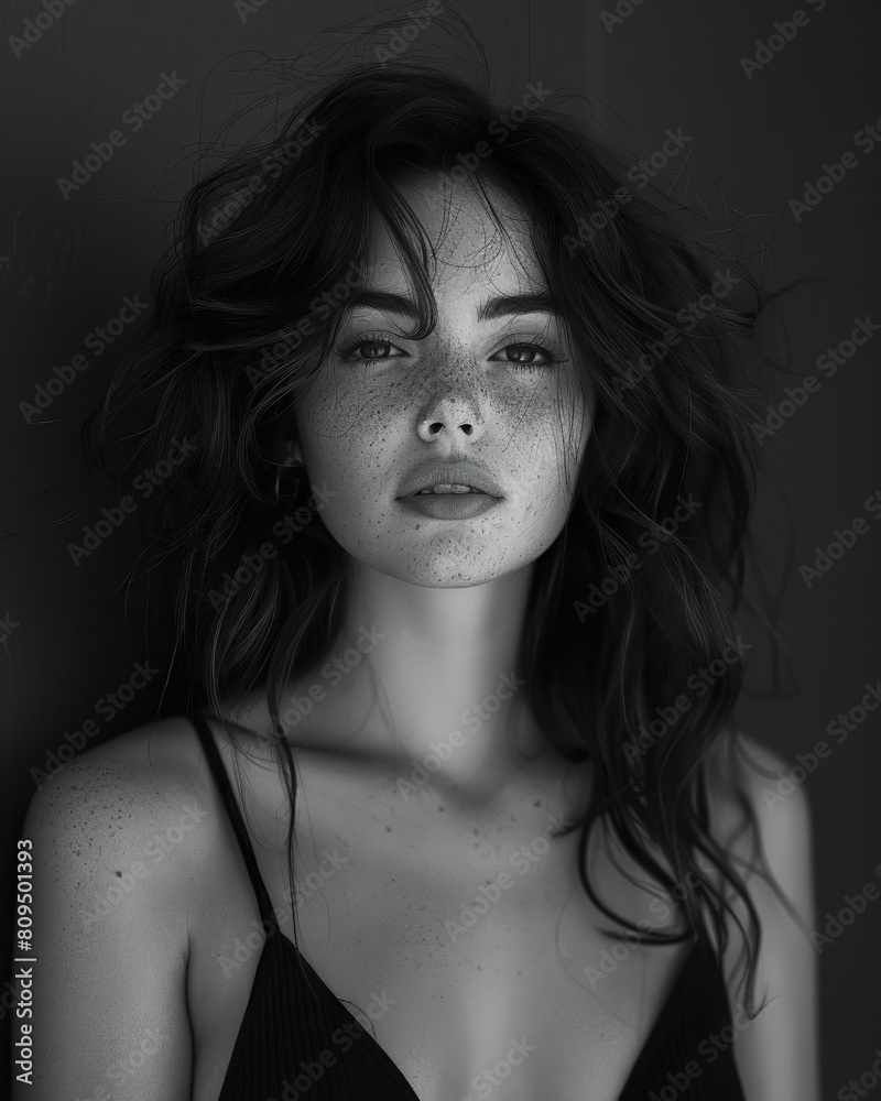 A black and white portrait capturing a young woman, beautiful and elegant 35mm, F/2.8. A black and white portrait capturing a young woman, beautiful and elegant 35mm, F/2.8.