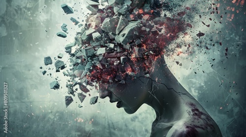 Surreal imagery depicting a person's head exploding into fragments, symbolizing psychological turmoil hyper realistic 