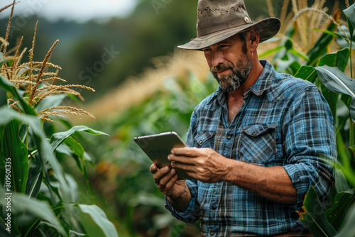 A farmer in the middle of his cornfield  holding an iPad and looking at it intently while standing among green leaves. Created with Ai