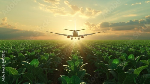 Sustainable aviation fuel concept. Net zero emissions flight. Sustainability transportation. Eco-friendly aviation fuel. Commercial airplane use biofuel energy flying above soybean farm. Generative AI