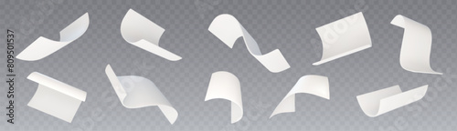 3d white fly paper sheet. Fall isolated document. Blank falling realistic letter set mockup. Curl office a4 notebook shape template design. Empty corporate post or paperwork in air abstract mock up.