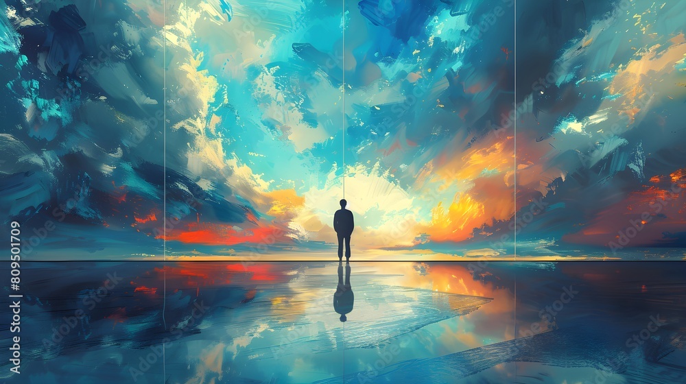 A man figure Standing on Reflective water like Surface at Sunset with Vibrant Abstract Sky, window-like view perspective