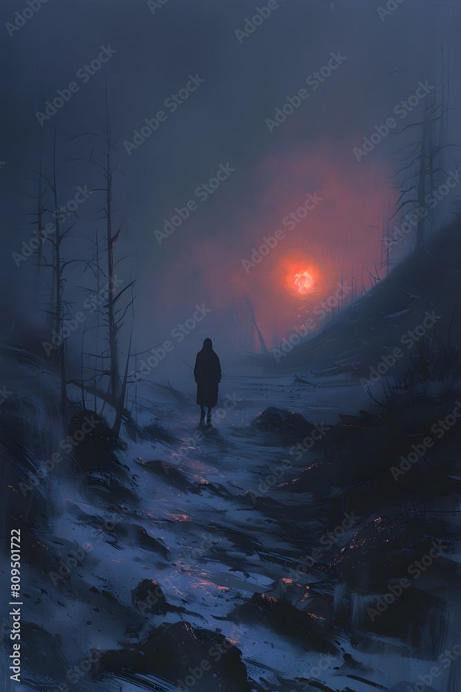 Lone figure in a desolate mountain landscape at dusk, ice and snow, with sun setting at dusk in red glowing light Lone figure in a desolate mountain landscape at dusk, ice and snow, with sun setting at dusk in red glowing light