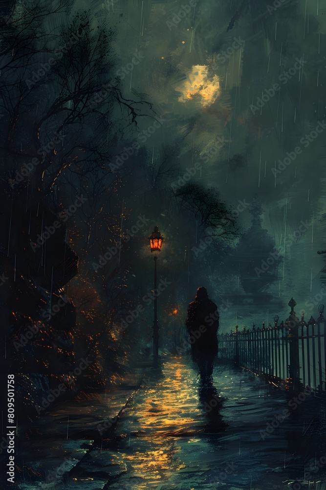 Lone figure walking on a wet path under a lamp in a rain-soaked urban scene with reflections, under the moon Lone figure walking on a wet path under a lamp in a rain-soaked urban scene with reflections, under the moon