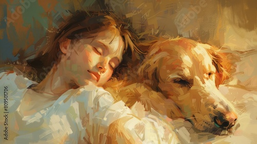 The girl peacefully slumbers beside her dog and experiences a pleasant dream