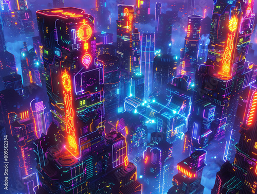 Abstract shapes, glowing circuitry, cityscape fusion, digital graffiti artist paints the virtual city, neon lights, 3D render, backlight, Lens Flare photo