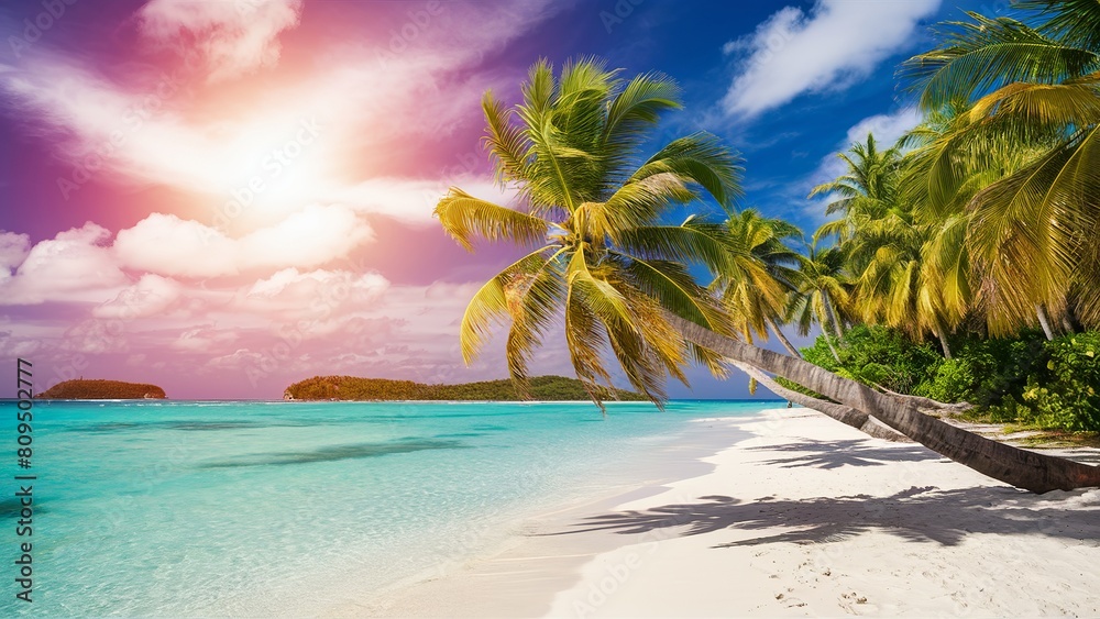Summer Beach background, A stunning beach photo set during a hot summer day. The sun casts a warm golden glow, and palm leaves sway gently in the breeze