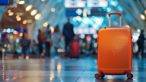 an orange suitcase in an airport, with a blurred background of bustling travelers