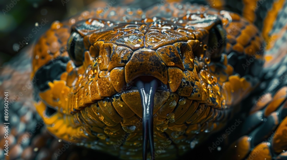 Fototapeta premium An anaconda close up with water droplets on its scales.