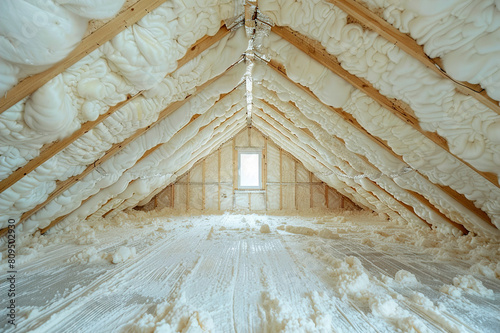 Contractor installs cellulose insulation, energy efficiency and sustainable building insulation materials. photo