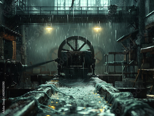 Textile mill, spinning wheel, revolutionary transformation, workers laboring, rain, 3D render, backlight, chromatic aberration photo