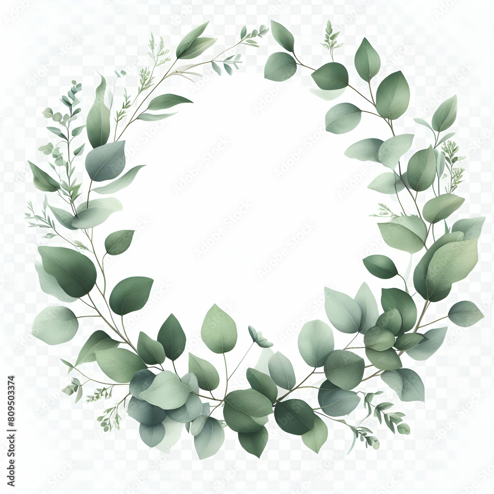Frame with isolated herbal eucalyptus leaves on a translucent white background, png. Elegant, minimalistic, greenery wedding invitation. card in the style of watercolor.