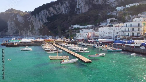 Boats Dock At The Port Of Capri Island In Naples, Italy. Static Shot photo