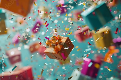 Colorful gift boxes with confetti flying and falling, holiday concept banner, Colorful gift boxes with confetti flying on a bright solid background concept , AI-generated