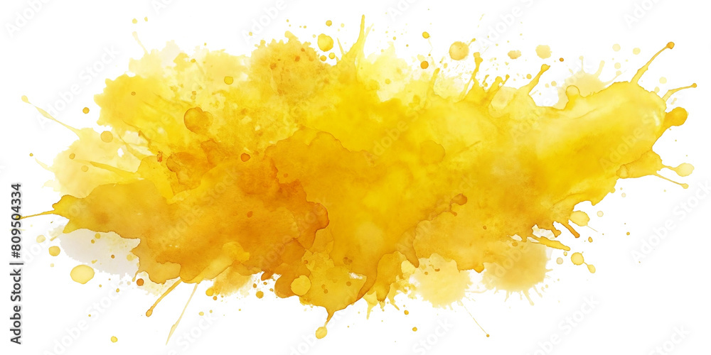 Abstract yellow color painting illustration - watercolor splashes or stain, isolated on transparent background PNG