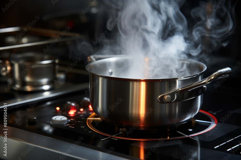 Close-up shot of high-quality boiling water in a modern kitchen with stainless steel appliances Close-up shot of high-quality boiling water in a modern kitchen with stainless steel appliances