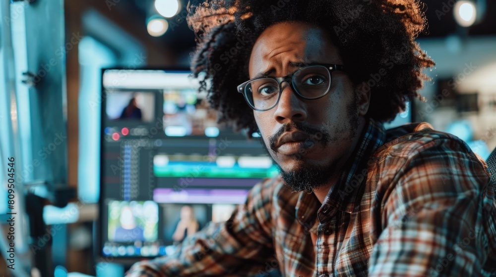 Focused Video Editor at Work Concerned But Focused video editor at work, modern office, professional workspace
Focused Video Editor at Work Concerned But Focused video editor at work, modern office, professional workspace