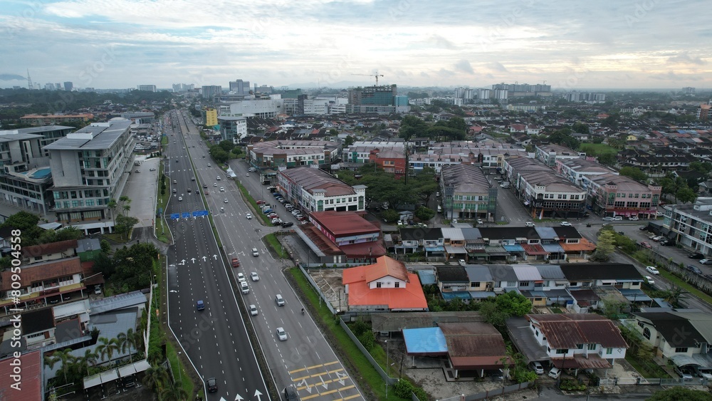 Kuching, Malaysia - May 9 2024: Aerial View of Galacity, Emporium and Saradise Commercial Centres