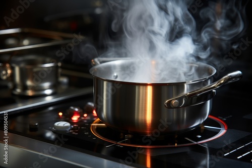 Close-up shot of high-quality boiling water in a modern kitchen with stainless steel appliances