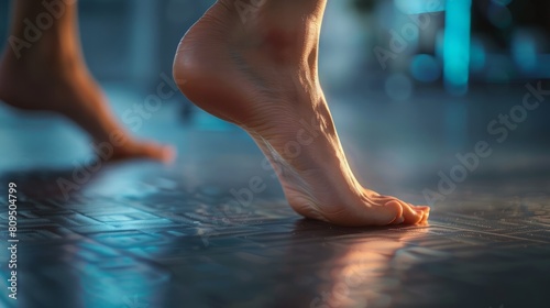 Close-up on woman's bare foot experiencing pain in her ankle hyper realistic 